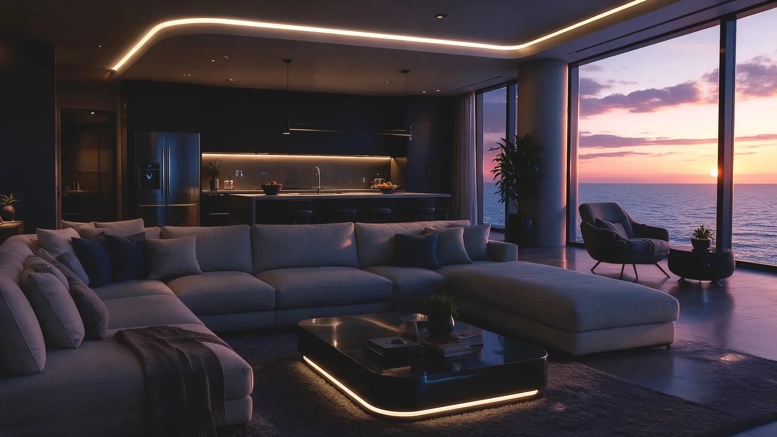 Sala de estar ao pôr do sol com iluminação indireta, sofá amplo e vista para o mar