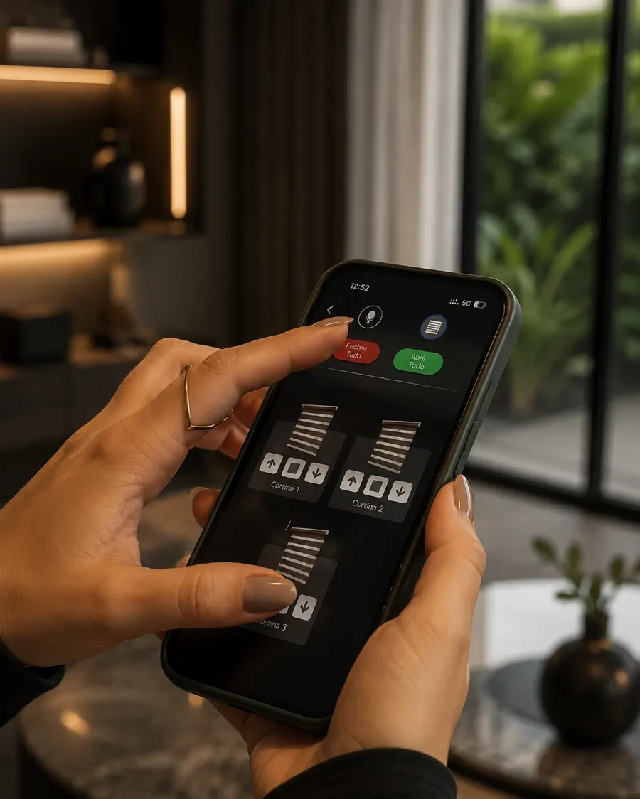 Mãos usando o aplicativo no celular para abrir e fechar as cortinas da casa